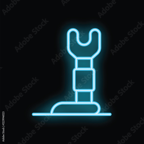 Glowing neon line icon of a prosthetic leg, representing hope and mobility for amputees