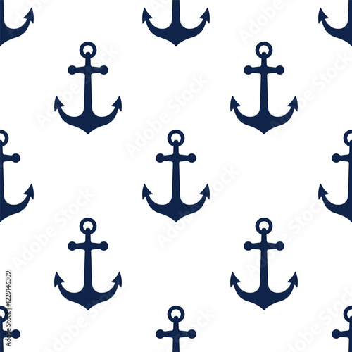 Dark blue ship anchors isolated on white background. Nautical monochrome seamless pattern. Vector simple flat graphic illustration. Texture.