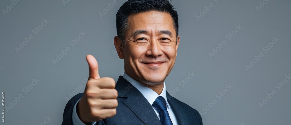 Smiling Asian man in a suit giving a thumbs up gesture, portrait of a confident businessman with positive attitude and approval Smiling Asian man in a suit giving a thumbs up gesture, portrait of a confident businessman with positive attitude and approval