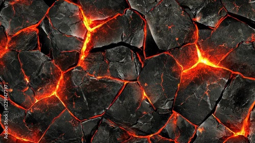 Lava flows reveal bright orange magma beneath a black volcanic rock surface during an eruption event in a remote location