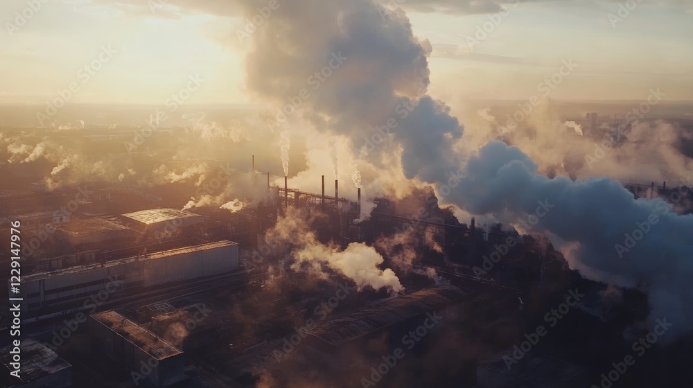 Fototapeta premium Stunning aerial view showcasing an industrial landscape with smoke billowing into the sky during sunset, highlighting environmental concerns and urban development.