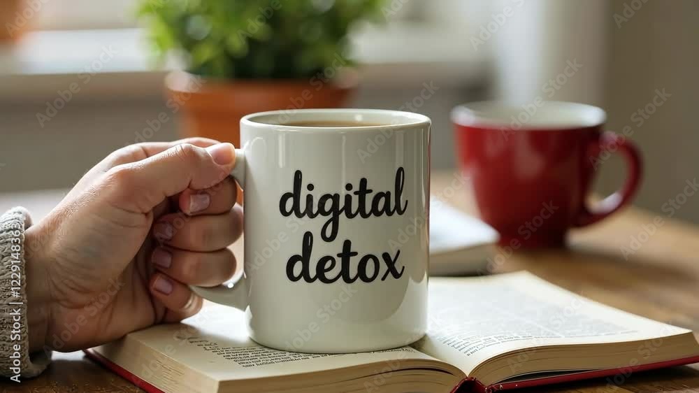 A hand holds a mug that reads digital detox beside an open book and a plant on a wooden table