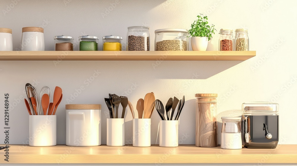 Modern Kitchen Shelf with Cooking Utensils and Glass Jars Display Modern Kitchen Shelf with Cooking Utensils and Glass Jars Display