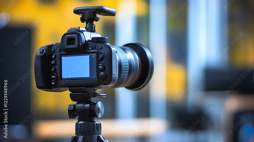 Professional video camera mounted on a tripod, ready for filming in a studio setting. The setup features a clear focus on the equipment.
Professional video camera mounted on a tripod, ready for filming in a studio setting. The setup features a clear focus on the equipment.