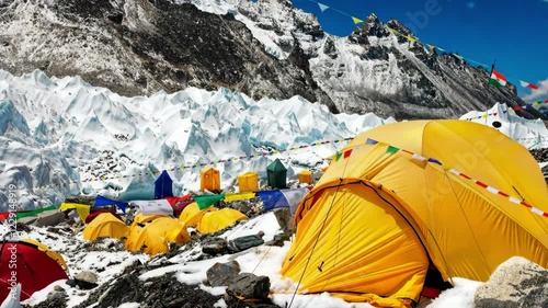 Bright yellow tents under snow in Mount Everest base camp