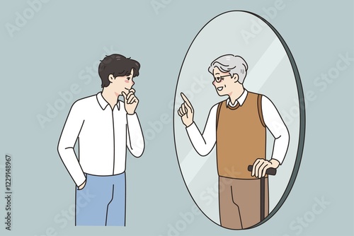 Young man look in mirror see talk with future old self. Younger generation male get advice from older generation himself. Lifetime and self-realization. illustration