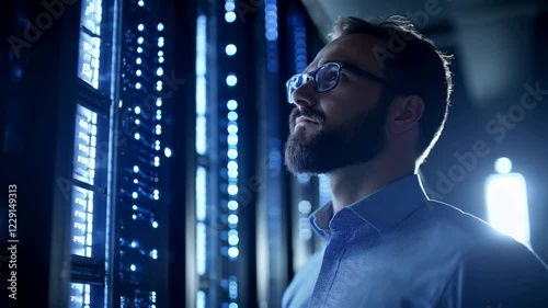Bearded IT professional, in a data center, analyzing server lights, with a confident and focused expression, business technology, cybersecurity, corporate branding