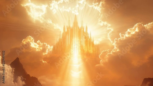 Majestic golden celestial palace in the sky, with glowing light and clouds, representing a mystical fantasy realm, spirituality, fantasy art, luxury branding