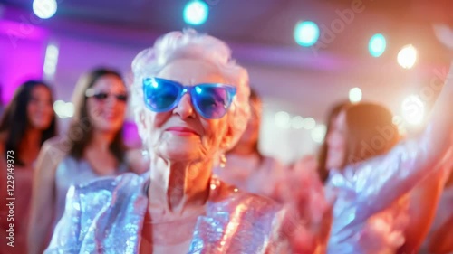 Elderly woman in sparkling outfit, dancing at a vibrant party, wearing stylish blue sunglasses, enjoying nightlife fun, new year's eve, birthday, fashion event marketing