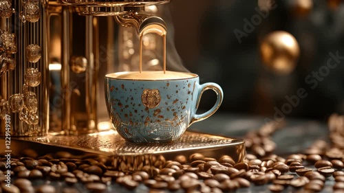Luxurious espresso coffee, being poured into an elegant cup, with gold details, from a high-end coffee machine, hospitality, premium coffee branding, café marketing