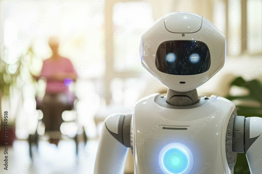 A friendly white care robot helps in a retirement home, senior with rollator, walking aid for elderly care, AI generated, AI generated