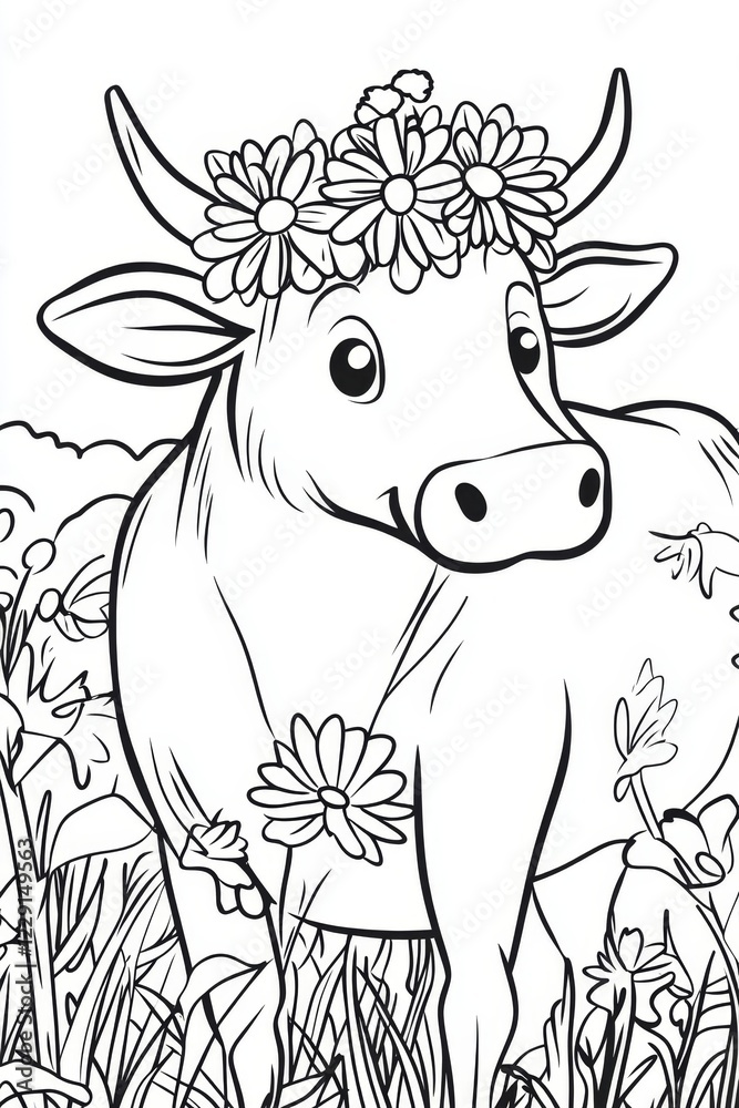 Cute Cow with Flower Crown Coloring Page . Children coloring page
