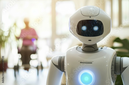 Obraz na płótnie A friendly white care robot helps in a retirement home, senior with rollator, walking aid for elderly care, AI generated, AI generated w salonie