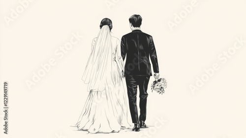 Newlywed couple walking away, holding hands, bride in gown, groom with bouquet.