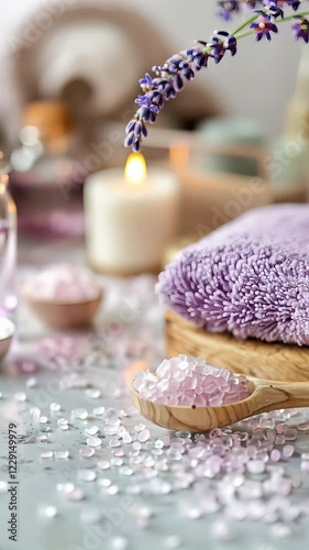 Spa composition with lavender, candles, bath salts, and soft towels, relaxation, self-care, aromatherapy, wellness