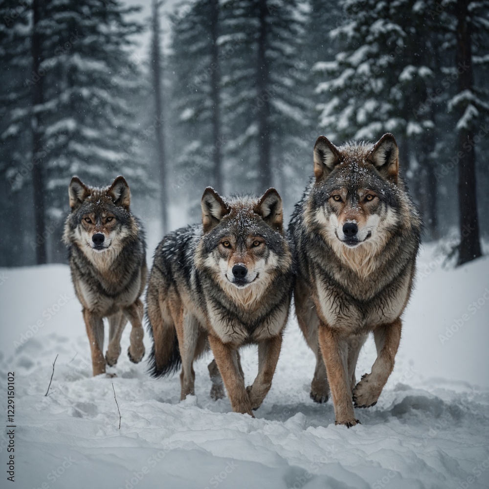 Naklejka premium A wolf pack moving silently through a snowy landscape.