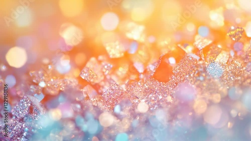 Abstract close-up of sparkling crystals with warm golden light, luxury, glamour, jewelry, festive atmosphere