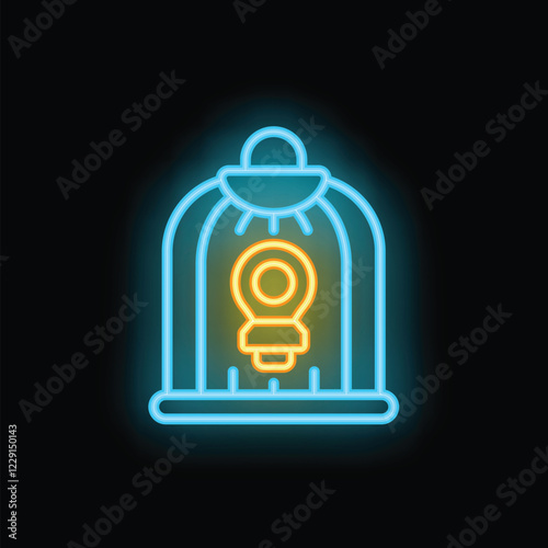 Glowing neon icon of a light bulb trapped inside a birdcage symbolizing a lack of freedom of thought