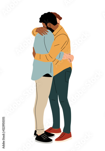 Gay couple hugging. Interracial LGBT men in romantic relationship. Homosexual enamored people of same sex. Male valentines, boyfriends embracing. Flat vector illustration on transparent background