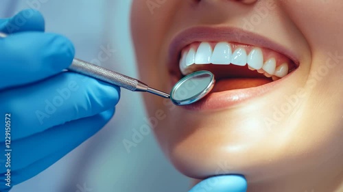 Close-up of a dental checkup, dentist with blue gloves examining healthy white teeth, oral care, healthcare