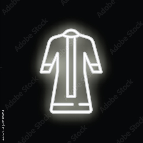 White neon sign depicting traditional thobe garment glowing on black background