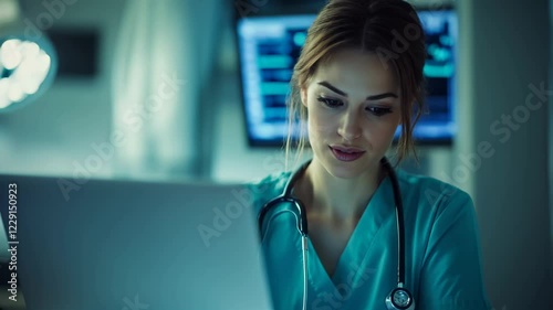 Focused female nurse in scrubs working on a laptop in a hospital, medical professional, healthcare technology