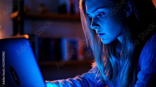 Young woman in neon blue and orange lights working on a laptop, technology, futuristic atmosphere, cyber theme