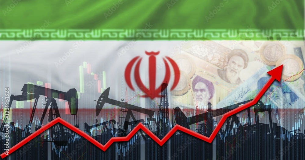 Oil industry with iran flag on financial graph. Iranian oil production on economic graph