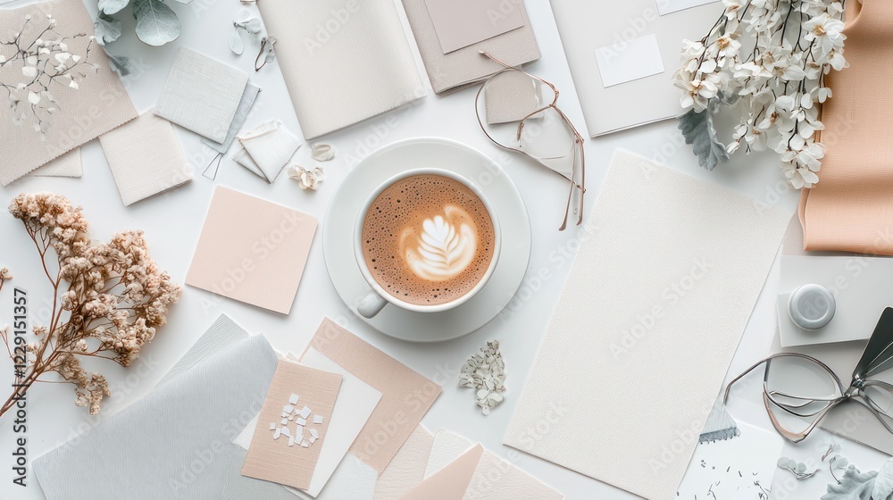 A serene flat lay featuring a cup of coffee surrounded by stationery, soft fabrics, and delicate flowers in neutral tones. A serene flat lay featuring a cup of coffee surrounded by stationery, soft fabrics, and delicate flowers in neutral tones.