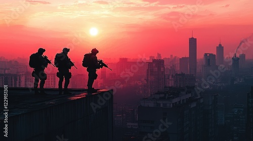 Wallpaper Mural Soldiers Silhouetted Against Urban Sunset with Cityscape Background Torontodigital.ca
