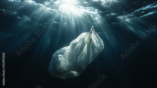 Plastic bag floating underwater, sunlight piercing through the ocean, representing the silent threat of pollution and the need for ocean protection.