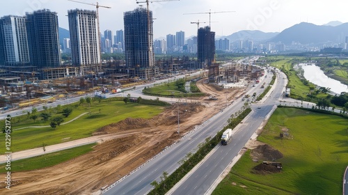 Aerial view of a construction site with cranes, new building, and a winding road beside greenery