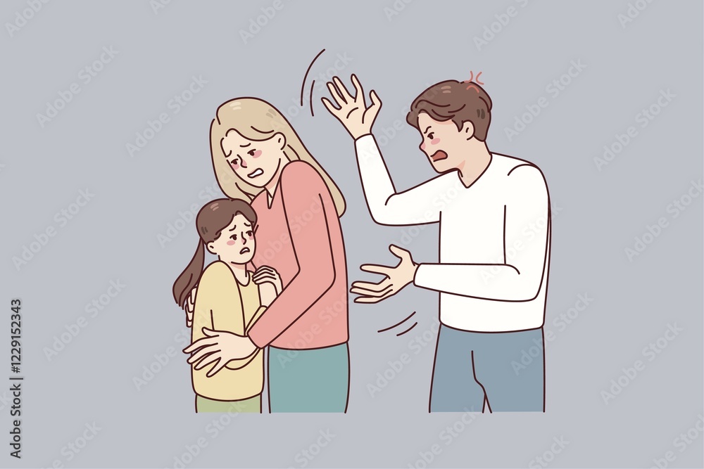 Mother protect child from aggressive father. Woman hide kid from authoritarian husband. Family conflict and domestic violence problem. illustration