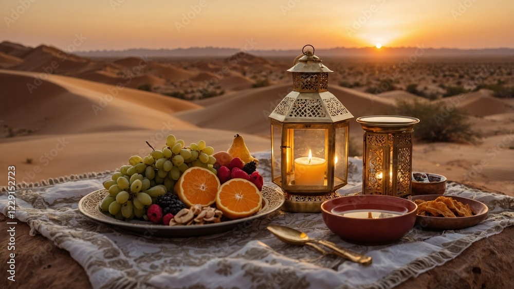 Fototapeta premium Ramadan Sunset in the Desert with Lanterns, Iftar and Golden Dunes.