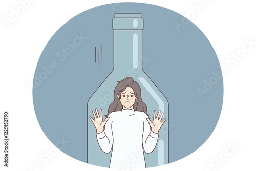 Photography Depressed woman standing inside transparent bottle cant get out due to alcohol abuse
