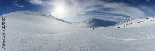 Ski tourer with pulka in the snow, Kungsleden or Königsweg, Province of Lapland, Sweden, Scandinavia, Europe photo