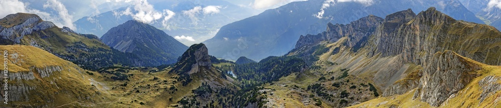 Fototapeta premium Panorama from Hochiss peak in the Rofan Mountains with Dalfazer Wände, Adlerhorst and Inn Valley, Rofan Mountains, Achensee, Tyrol, Austria, Europe