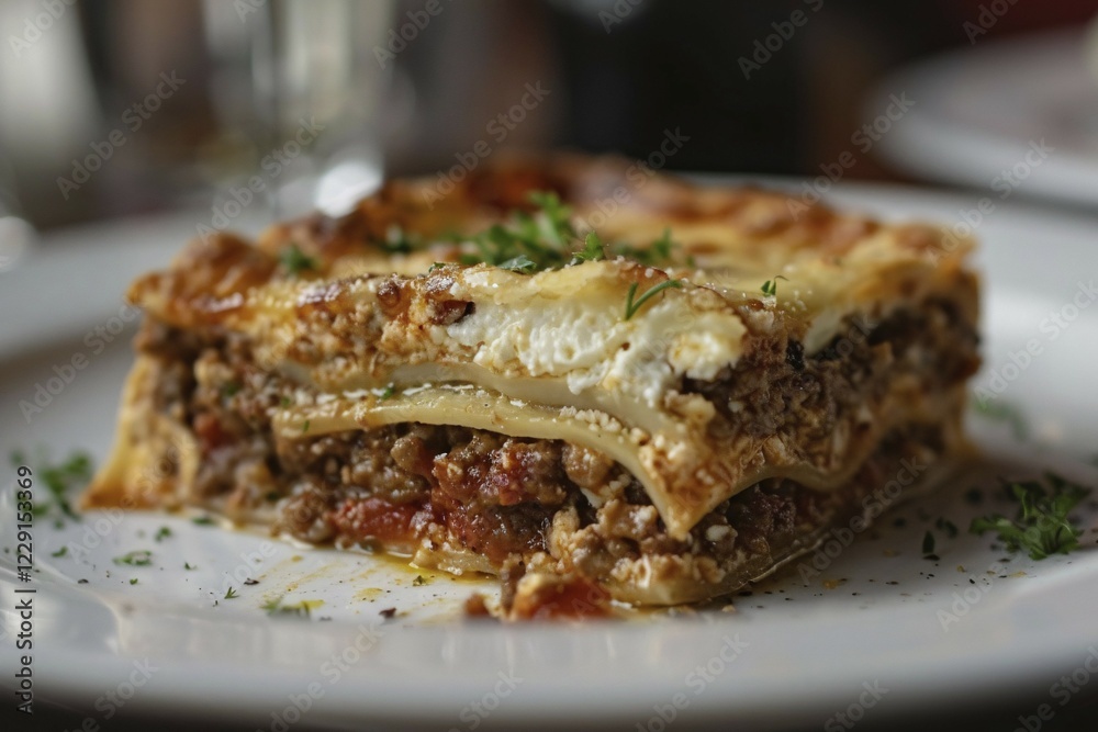 Piece of lasagna on white plate. KI generiert, generiert, AI generated Piece of lasagna on white plate. KI generiert, generiert, AI generated