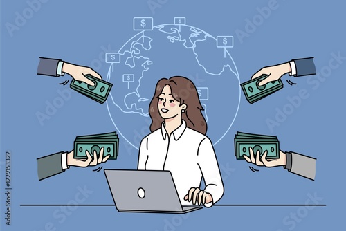 Successful businesswoman work online on computer get contracts around the world. Female freelancer get money or financial compensation for web job. Freelance. illustration