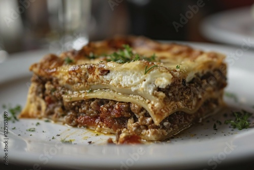 Wallpaper Mural Piece of lasagna on white plate. KI generiert, generiert, AI generated Torontodigital.ca