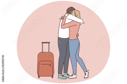 Canvas Print Woman hugging man with suitcase meet lover in airport