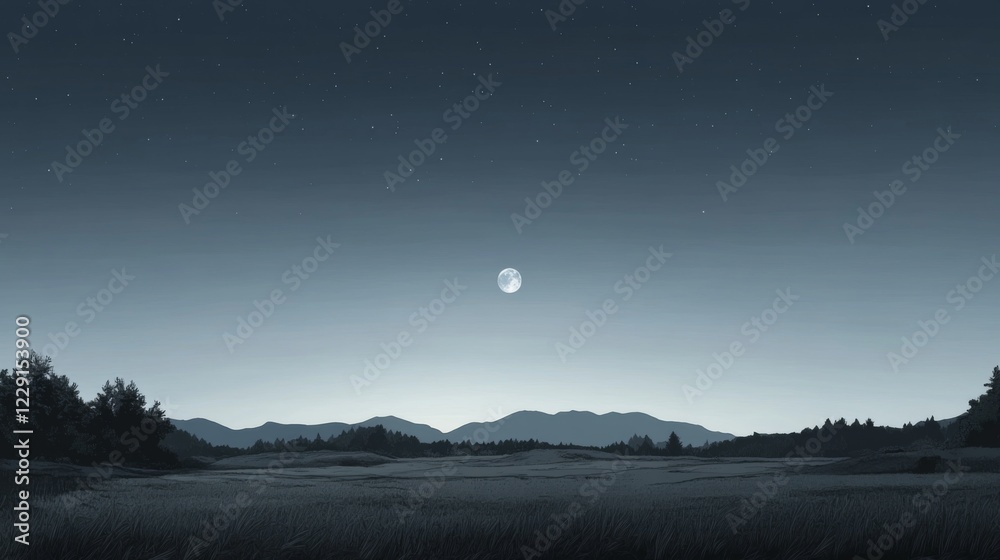 Serene night landscape with full moon over silhouetted mountains and field. Serene night landscape with full moon over silhouetted mountains and field.