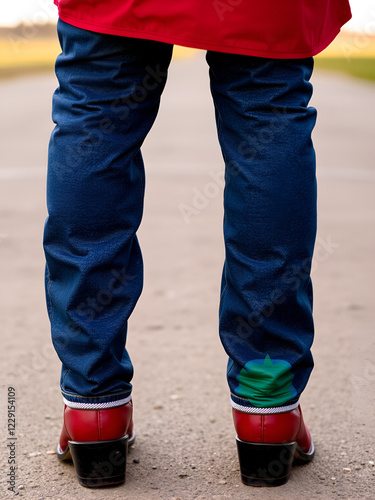 Rear view of the lower legs of one person wearing red and green leather cowboy boots and denim jeans. photo