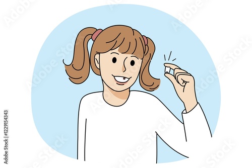 Smiling little girl hold in hands first baby tooth. Happy small kid demonstrate milk tooth missing in mouth. Children oral care and dentistry concept. Vector illustration