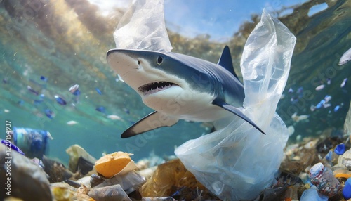 Symbolism, waste problem, plastic waste floating in the sea and endangering animals, shark, AI-generated, AI-generated, AI generated photo