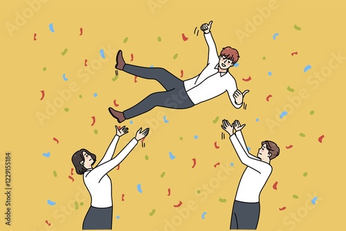 Happy employee throw colleague up in air greeting with job promotion. Overjoyed businesspeople celebrate shared business success or achievement. Teamwork. illustration