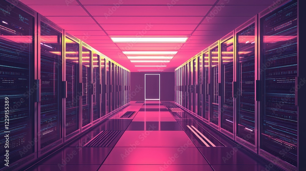 Fototapeta premium Futuristic Server Room with Neon Lights and Modern Data Technology