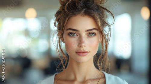 Wallpaper Mural young woman with long, wavy hair and striking green eyes, looking directly at camera with soft expression. background is softly blurred, creating warm atmosphere Torontodigital.ca