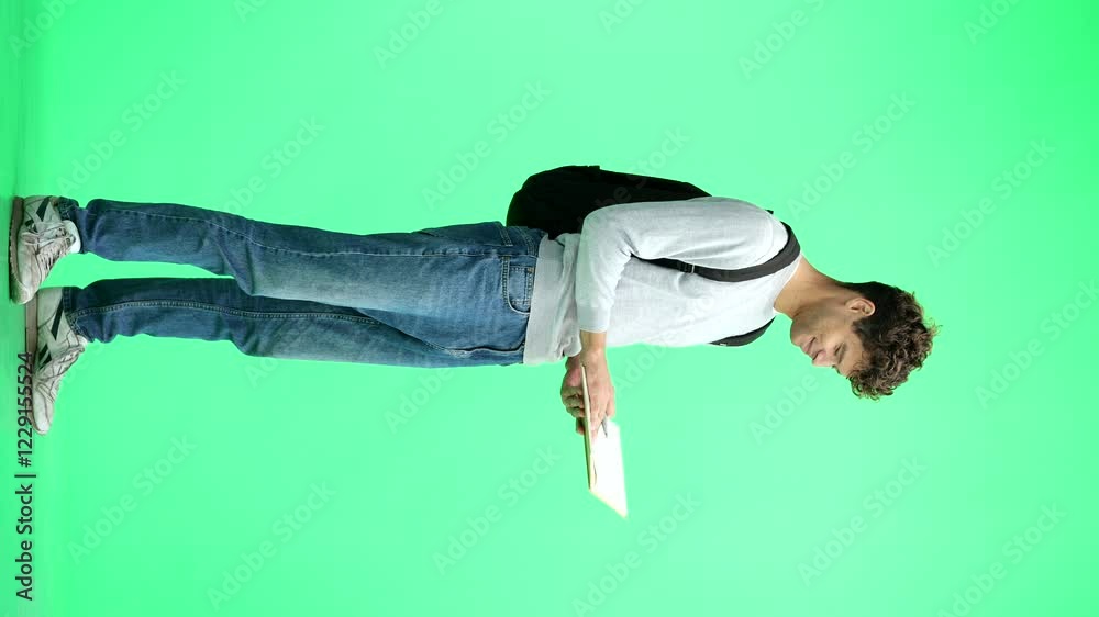 A man in a gray sweatshirt, on a green background, full-length, with a backpack, writes A man in a gray sweatshirt, on a green background, full-length, with a backpack, writes