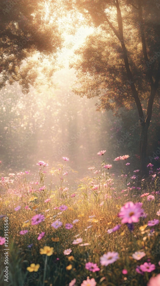 Obraz premium Sunlit Cosmos Meadow: A Magical Sunrise Landscape